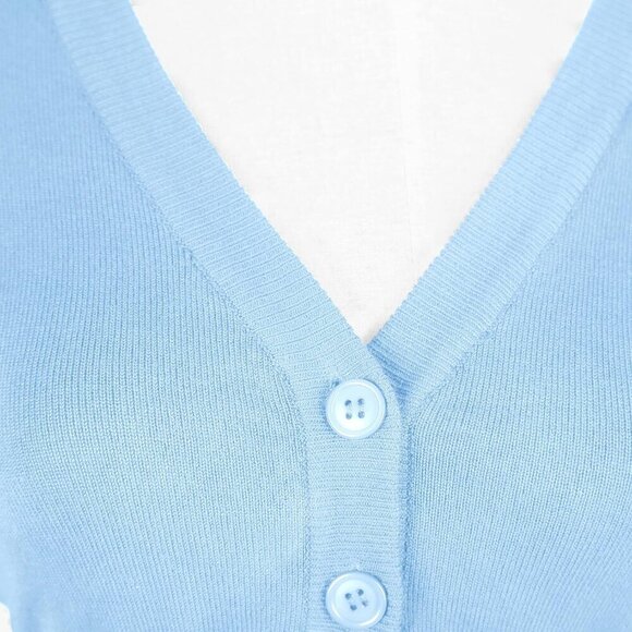 ❤️Women's Blue Cropped  Cardigan V-Neck Button Down Knitted Sweater Sleeve - Picture 4 of 6